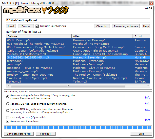 MP3 Fox - Корректировка имен с использованием ID3 тегов