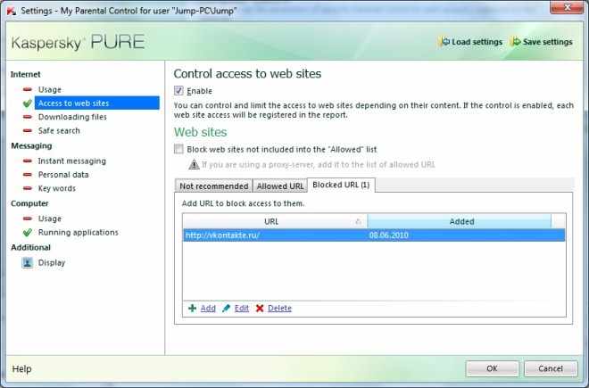 Kaspersky PURE - Настройки родительского контроля, запрет на посещение сайтов