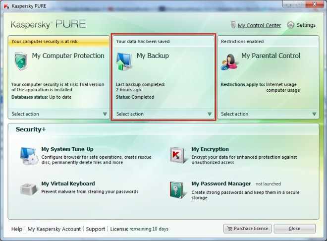 Kaspersky PURE - My Backup (Сохраниение резервных копий данных)