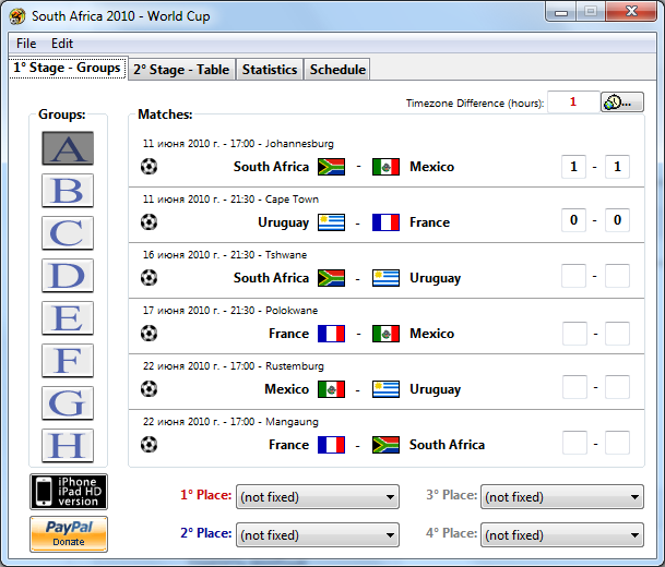 South Africa 2010 World Cup - Календарь соревнований в каждой отдельной группе.