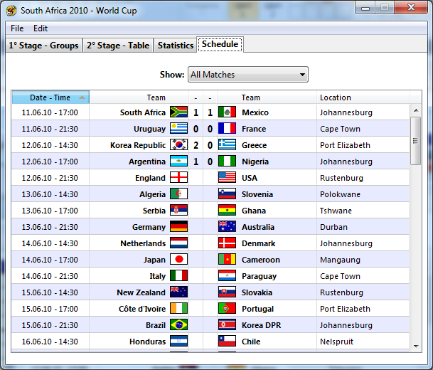 South Africa 2010 World Cup - Расписание матчей в хронологическом порядке.