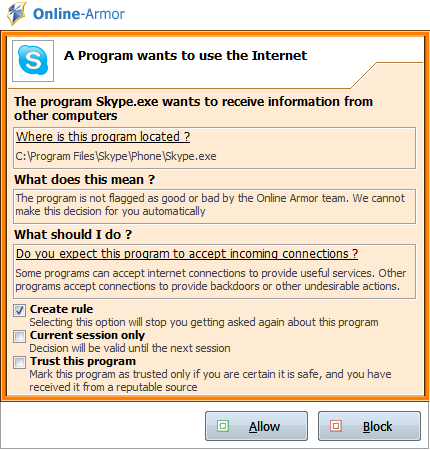 Online-Armor - Skype пытается получить входящие данные из Интернета