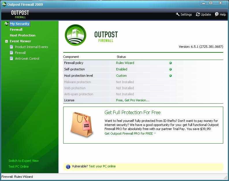 Outpost Firewall Free - Главное окно