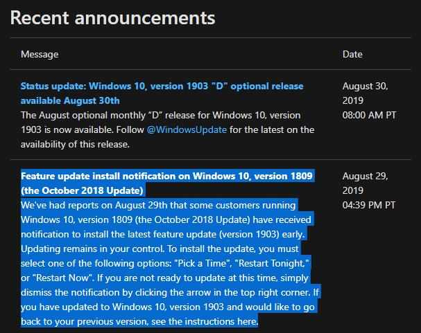 Microsoft предлагает пользователям Windows 10 версии 1809 обновить ОС