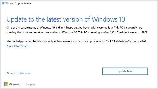 Microsoft отправляет уведомление пользователям Windows 10 v1803 и ниже, чтобы те установили последнее обновление