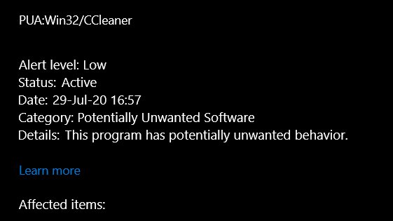 Защитник Windows помечает CCleaner как потенциально нежелательное приложение