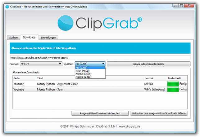 Screenshot showing ClipGrab performing the download of an HD video