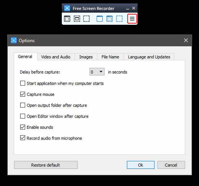 Free Screen Video Recorder: измените параметры