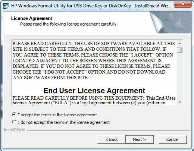 Принимаем лицензионное соглашение HP Windows Format Utility