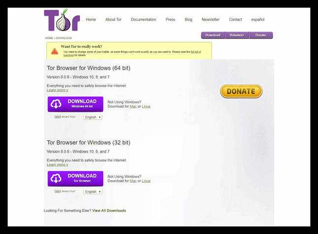 Страница загрузки Tor Browser Portable