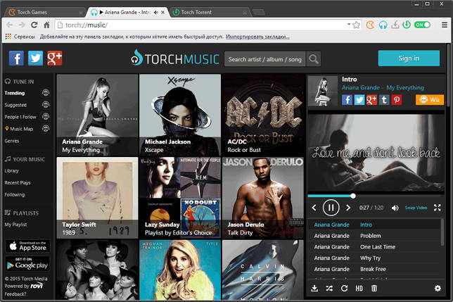 Поиск музыки и клипов в Torch браузере