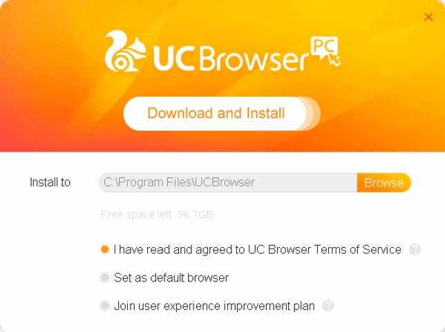Окно инсталляции UC Browser на компьютере